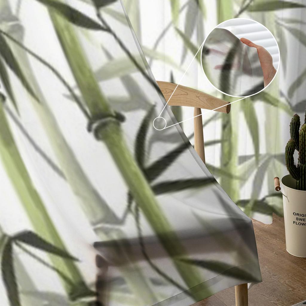 Bambusově zelené bílé rostlinné tylové průsvitné záclony v čínském stylu pro dekoraci obývacího pokoje, ložnice, kuchyně, voálové organzové záclony