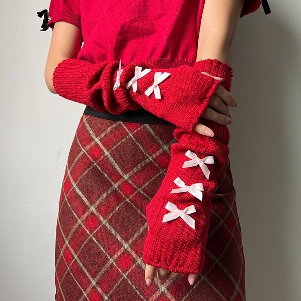 Slouchy Y2K Fingerless Gloves Long Wrist Cuffs Sweet Bow Knitted Arm Warmers Girls