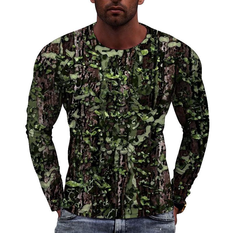 Men's Camouflage Printed Long Sleeve T-shirt European Size Casual round Neck Top Trendy Autumn Wear