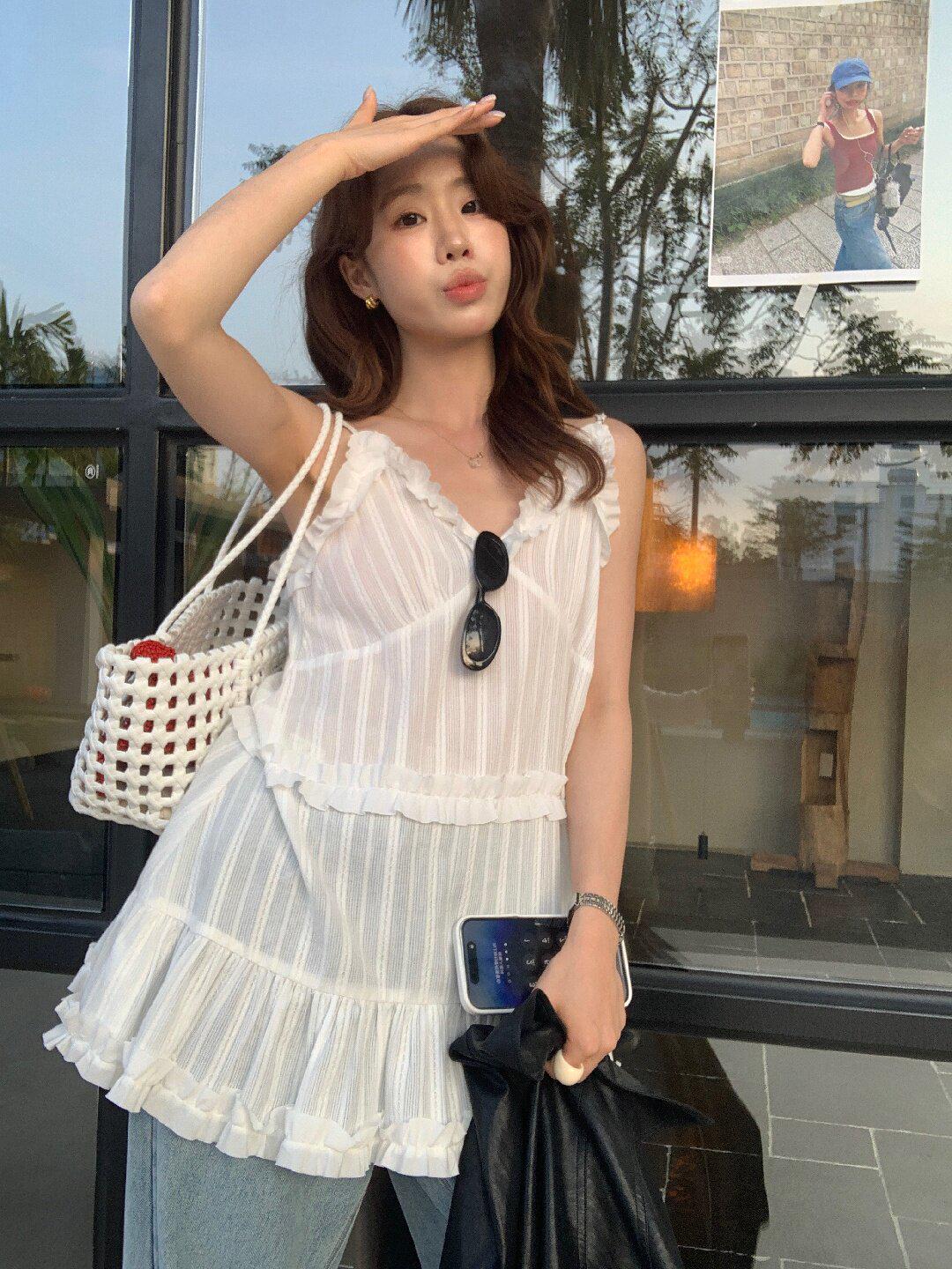 Lemon Green Tea Women s Sweet Ballet-Style Ruffled Lace Camisole Tank for Spring 2026 Small белый
