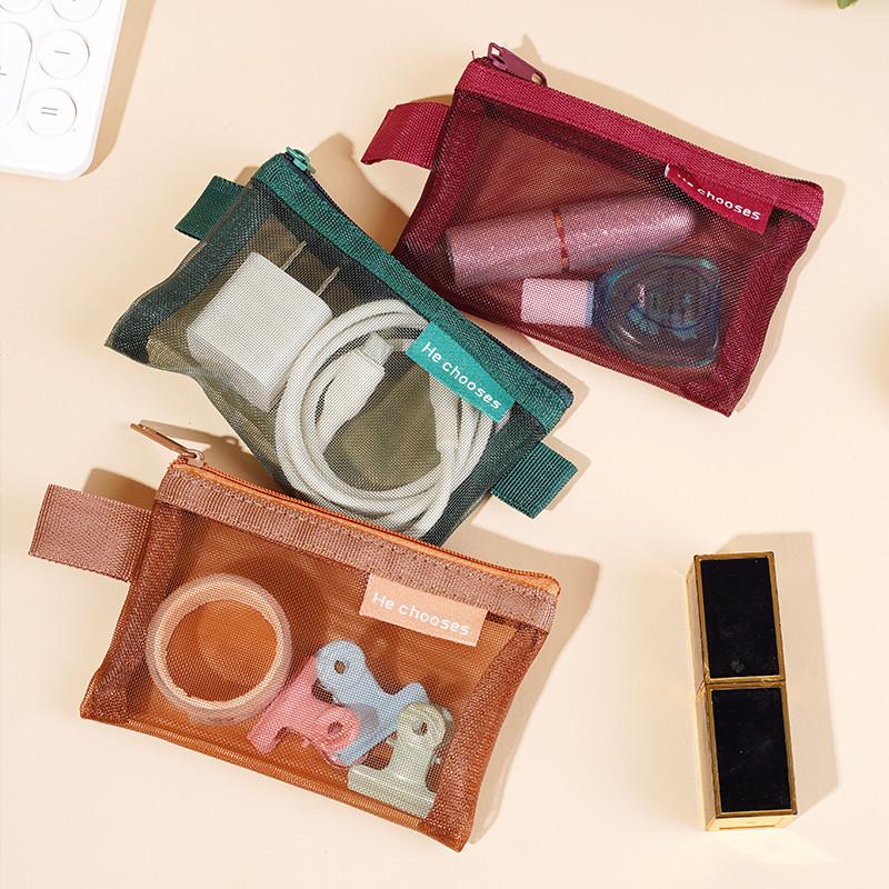 Small Portable Travel Square Solid Color Nylon Mesh Coin Bag Lipstick Key Earphone Id Credit Card Storage Pouch Organizer