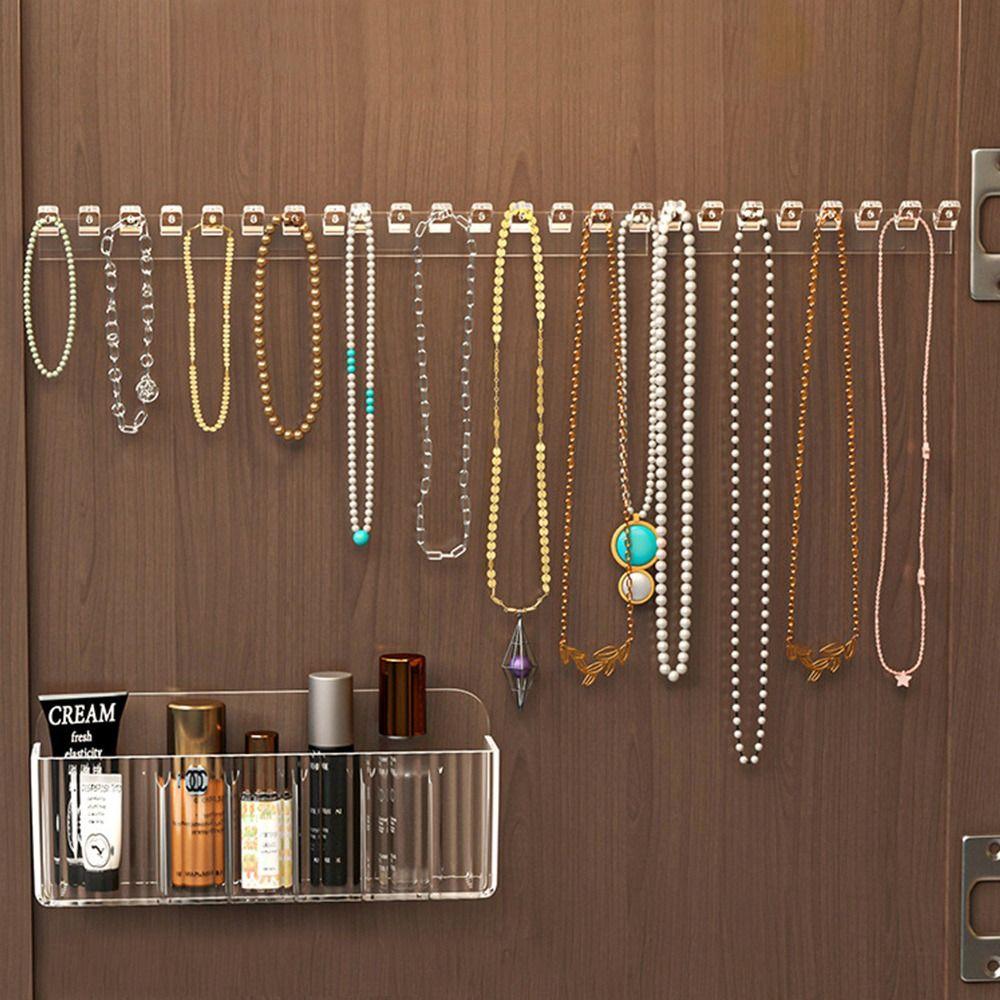 8 Hooks Jewelry Display Rack Plastic Transparent Jewelry Hanging Hooks Adhesive Paste Space Saving Organizer Box