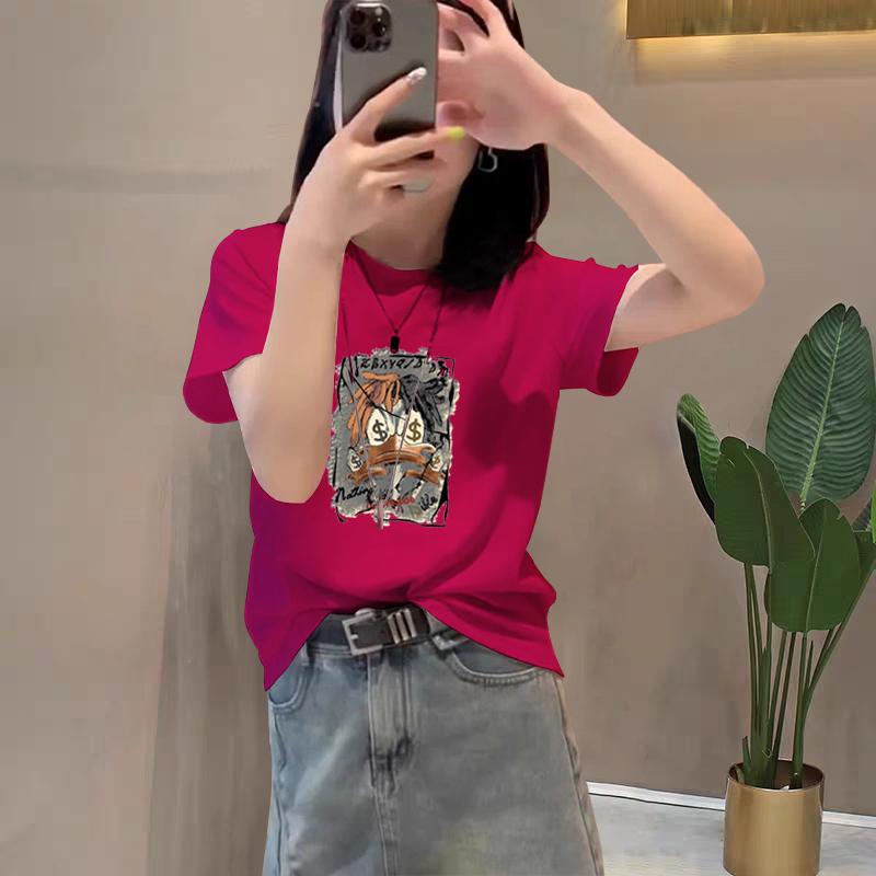 

2025 new shoulder pure cotton cartoon short-sleeved T-shirt women s fashion versatile and thin apricot top bottoming shirt summer XXXL