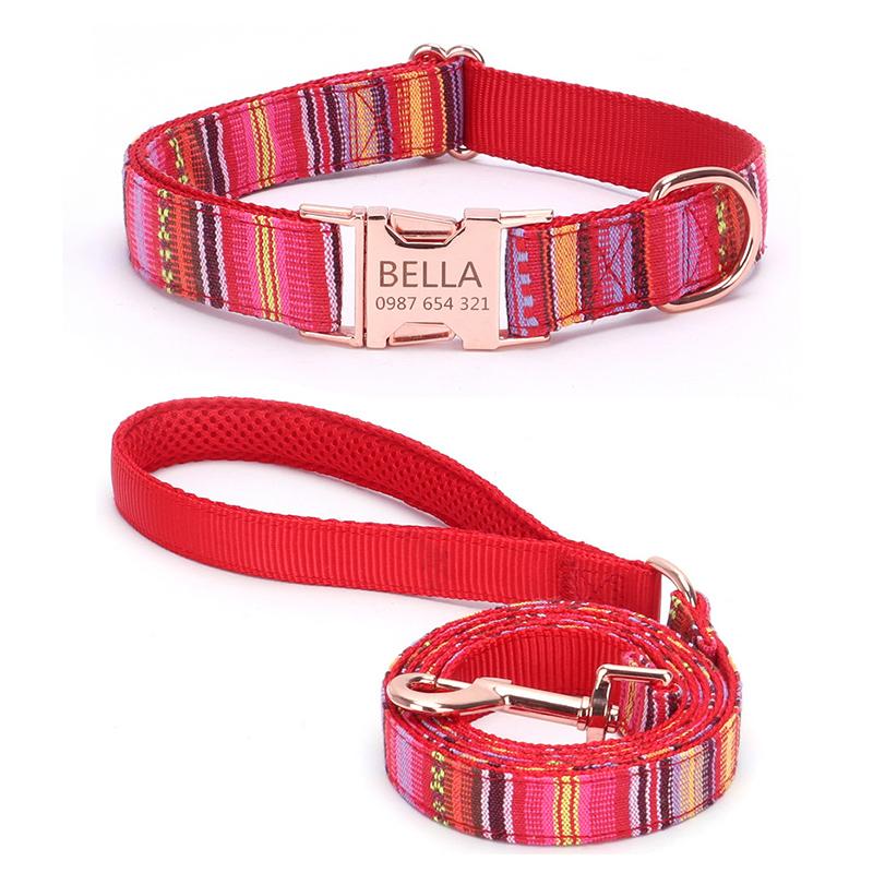 Bohemian gestreifter Hundehalsband, individuell graviert, mit Roségold-Schnalle, personalisiertes Nylonhalsband für kleine und große Hunde, tägliches Gassi gehen