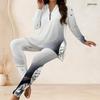 Women Plus Size Two Piece Pants Set Half Zip Long Sleeve Black Gold Printed Longline Top Fitted Pants