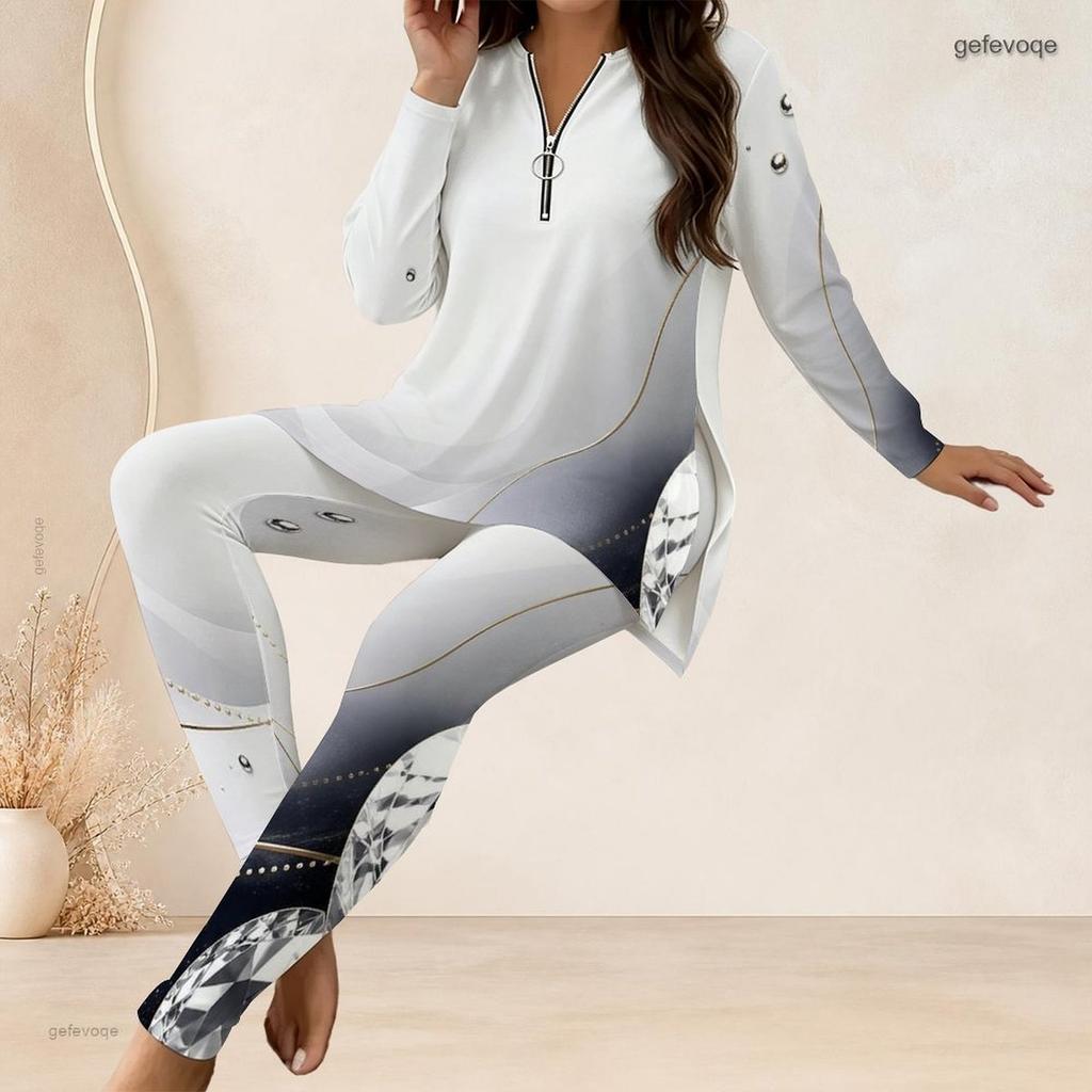 Women Plus Size Two Piece Pants Set Half Zip Long Sleeve Black Gold Printed Longline Top Fitted Pants