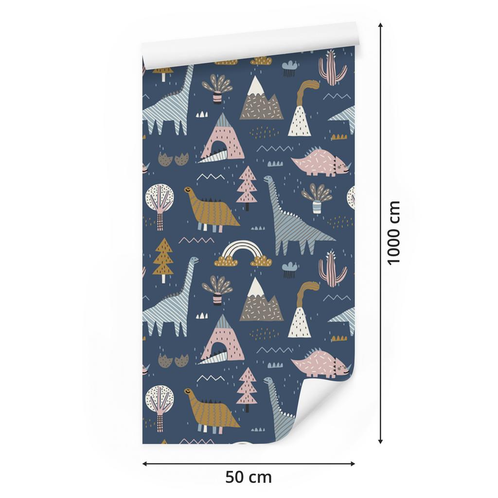 Wallpaper Colorful dinosaurs rainbows clouds for living room and bedroom 50x1000