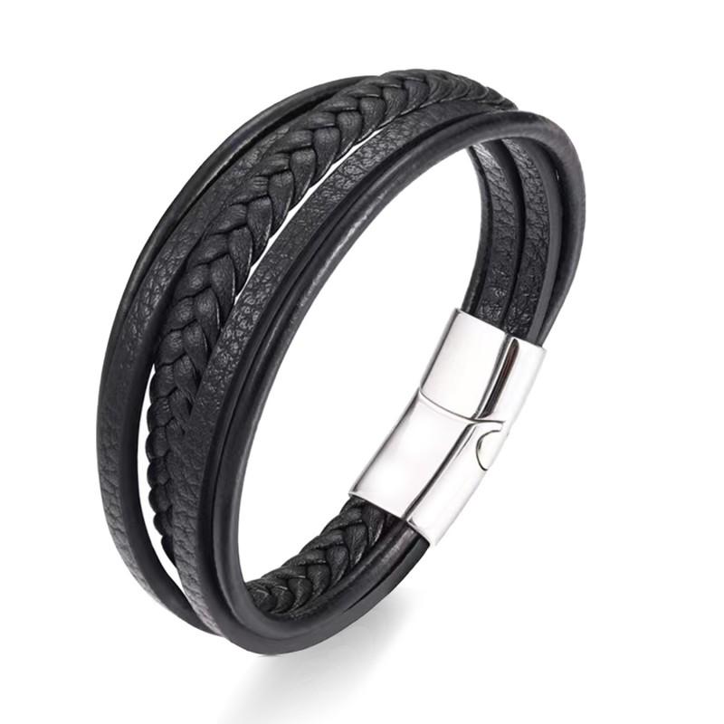 Minimalist Stainless Steel Leather Braided Bracelet Men Women Couple Geometric Layered Wristband Fashion Accessory