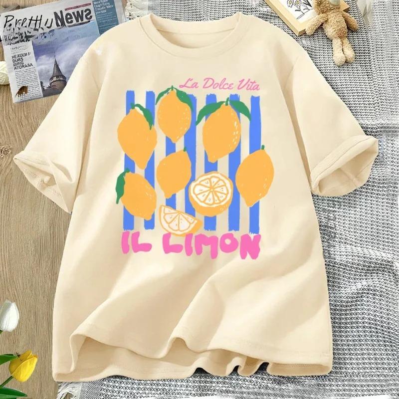 Lemon Tshirt Italian Summer Fruit T Shirt Cotton Short Sleve Loose Tshirt Women Ladies Vintage Graphic Tees Aesthetic Clothes S