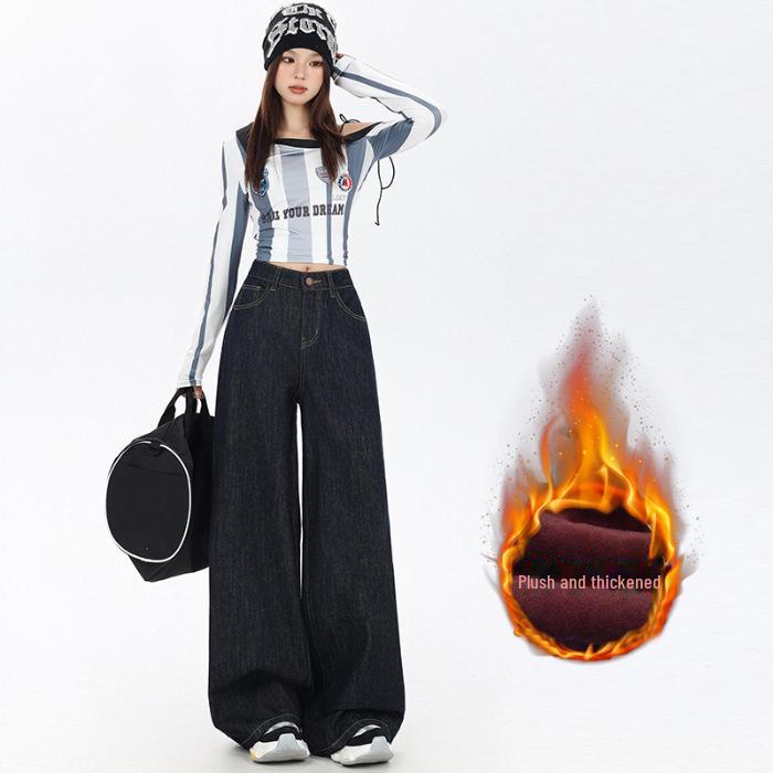 Women's High Waist Plush Wide-Leg Jeans for Fall and Winter