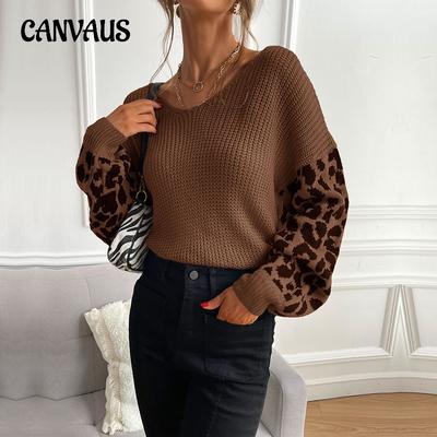 Suéter feminino outono e inverno com seção fina, gola redonda, pulôver de malha com estampa de leopardo