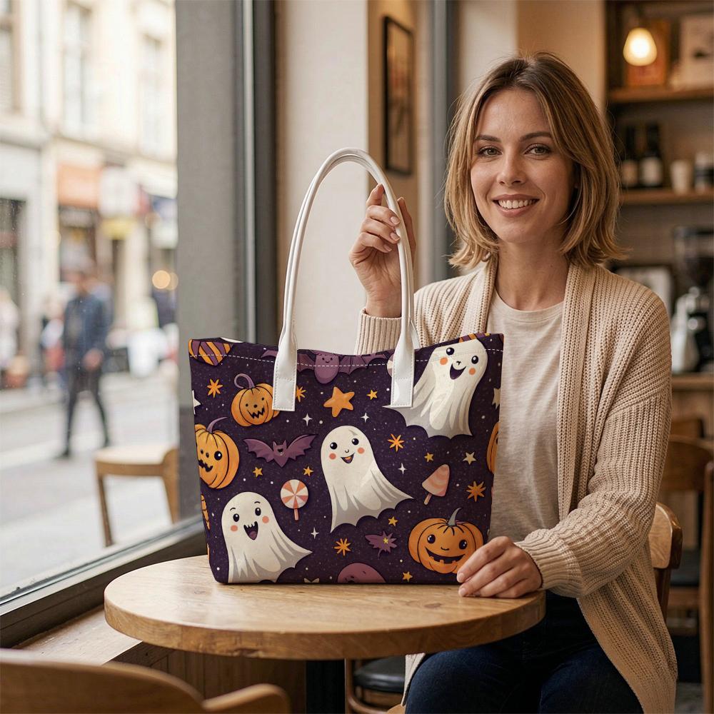 Cute Halloween Ghost Pumpkin Tote Bag Fashion Portable Casual Daily Handbag for Halloween Gifts Shopping