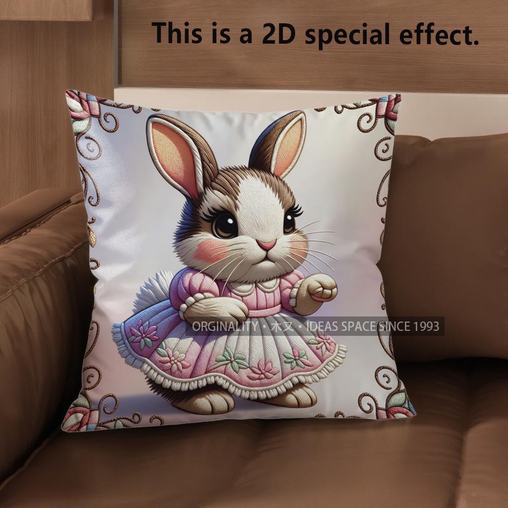 

2D Cute Bunny Dressed In Floral Dress Cushion Covers Pattern Cushion Cover Suitable For Sofa Bedroom Car Pillow Cover 40x40cm