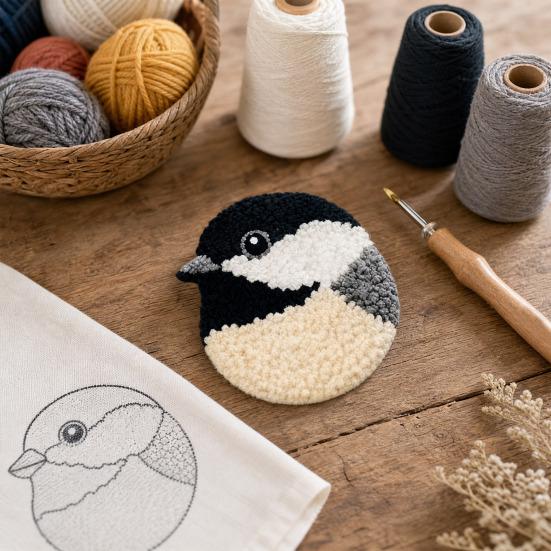 DIY Vogeluntersetzer-Set, Punch Needle Bastelset mit 3 vorgedruckten Mustern, Garn, Stickrahmen, Werkzeugen, Untersetzer Punch Needle Stickerei-Set für Anfänger Bastler