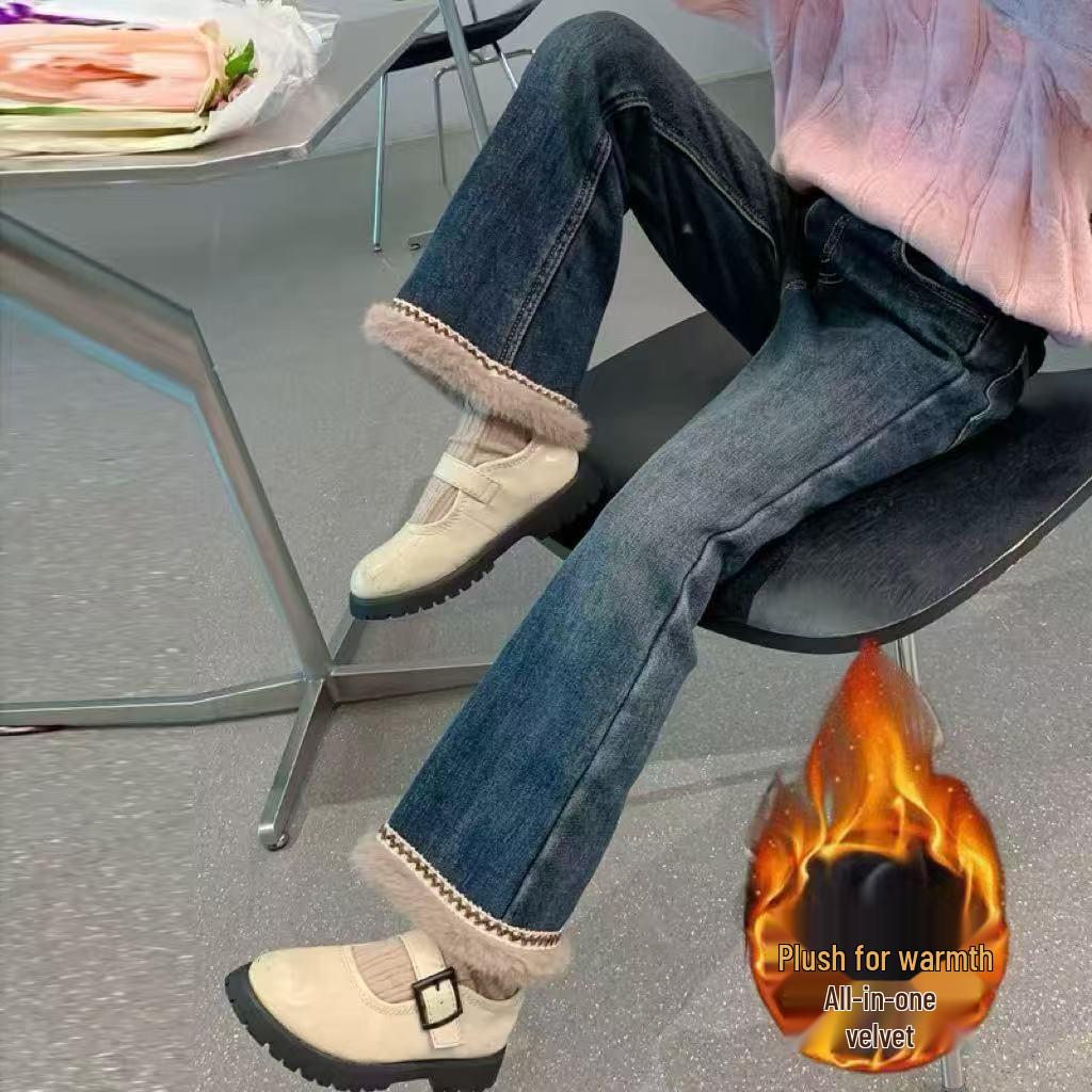 Girls  2026 Fleece Slim Fit Wide-Leg Micro Flare Winter Pants 140 cm