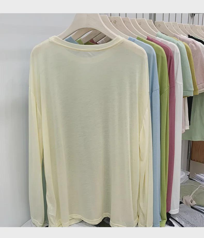 Women's Summer Ice Silk Long-Sleeve T-Shirt: Thin, Loose, Round Neck, Niche Sunscreen & Trendy Air Conditioning Top.