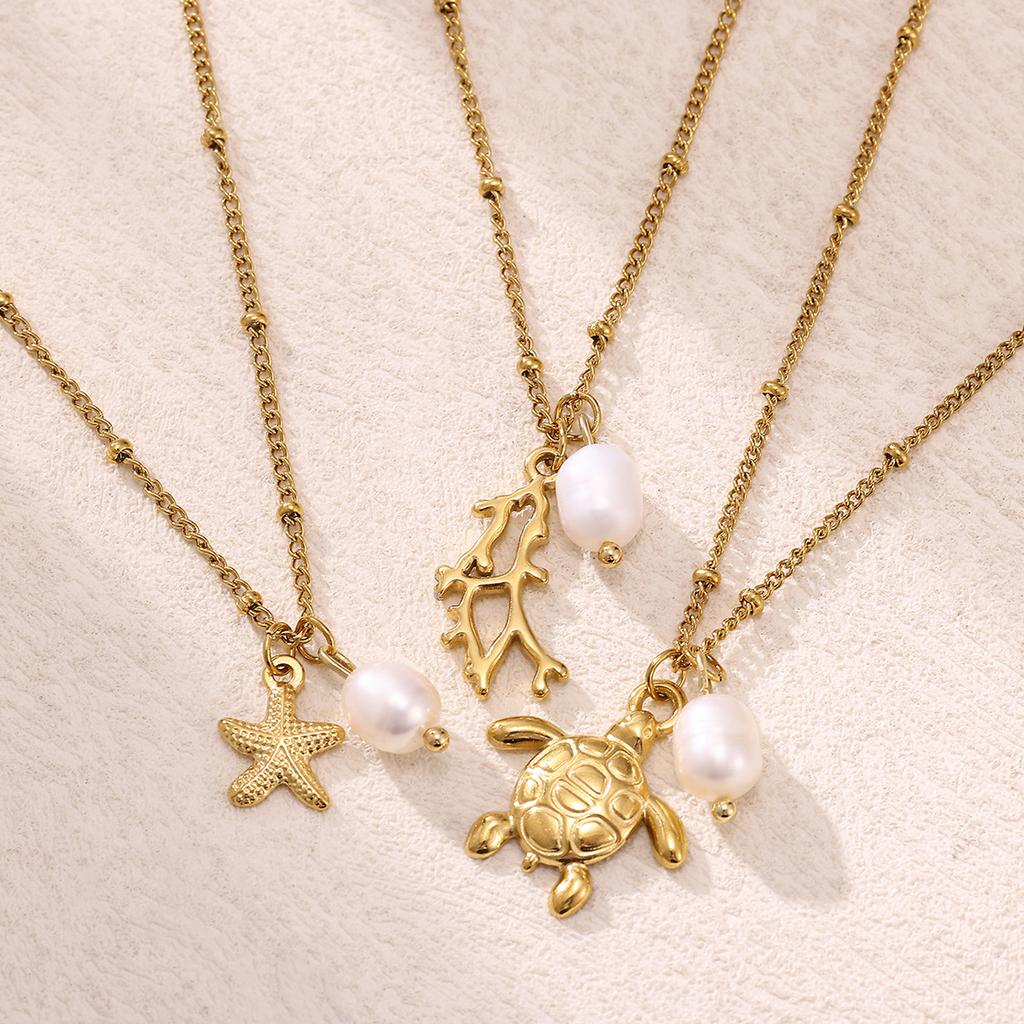 Ocean Necklace Stainless Steel Waterproof For Women Exquisite Gold Color Turtle Conch Seahorse Pearls Choker Clavicle Jewelry