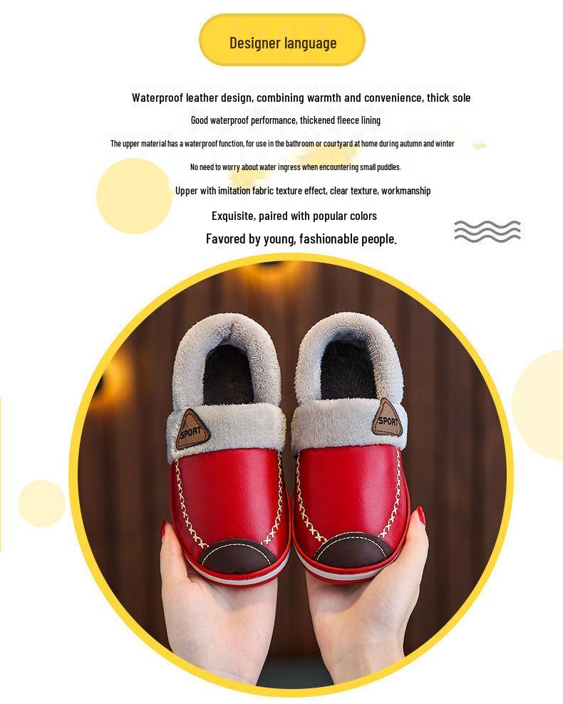 Waterproof Non-Slip Winter Warm Cotton Slippers with Velvet & PU Leather for Men, Women, & Kids