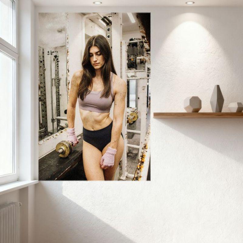 Sexy Fit Woman with Long Brown Hair in Industrial Gym Tin Sign Vintage Metal Wall Decor for Bar Home Fitness Room Man Cave Decor