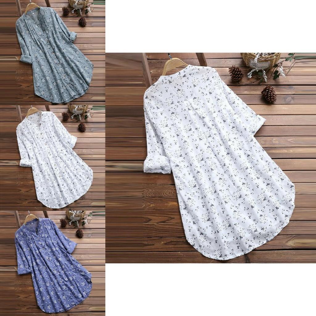 Elegant Women V-neck Long Sleeve Flower Print Linen Shirt Ladies Casual Loose Blouse Top