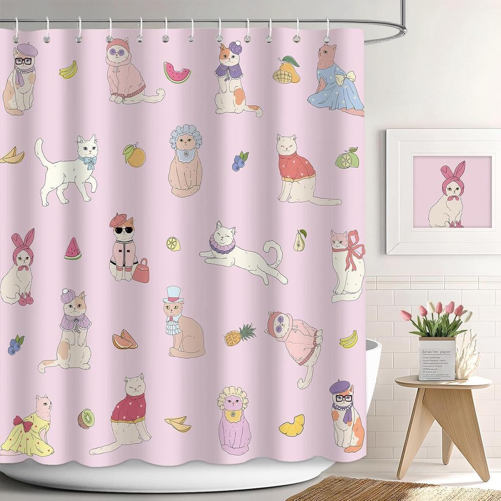 Cute Cat Shower Curtain For Bathroom Decor, Funny Bathroom Curtain Set, Cat Lovers Cute Cartoon Colorful Waterproof Fabric
