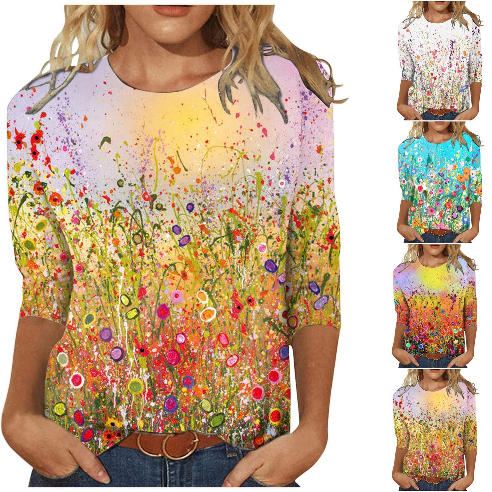 

Модная повседневная блузка-пуловер с круглым вырезом с принтом на три четверти рукава