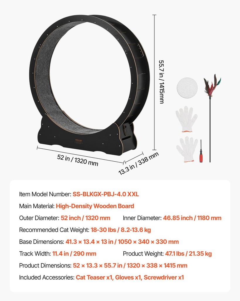 Cat Exercise Wheel, 132cm Wooden Cat Running Wheel for Indoor Kitten up to 12.7kg, Cats Treadmill with Carpeted Runway & Locking Mechanism, Quiet Cat