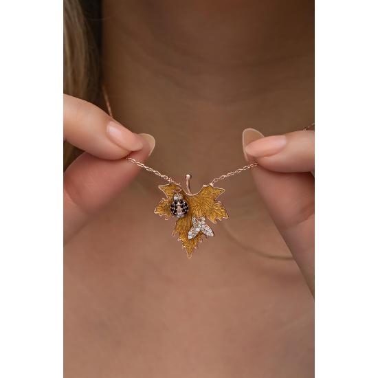 925 Sterling Silver Butterfly and Ladybug Design Sycamore Leaf Necklace