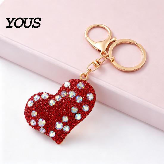 Zinc Alloy Key Ring Sparkling Rhinestone Love Heart Keychain , Car Purse Decoration Ring, Handbags Backpacks Charm Accessory, Gift for Women