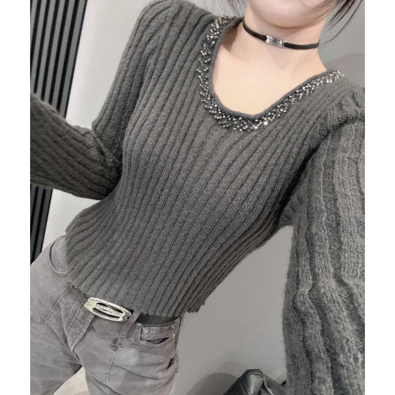 V-neck Beaded Sweater Long-sleeved Women's Sweater Base Shirt Solid Color Pullover Fashionable Casual Top