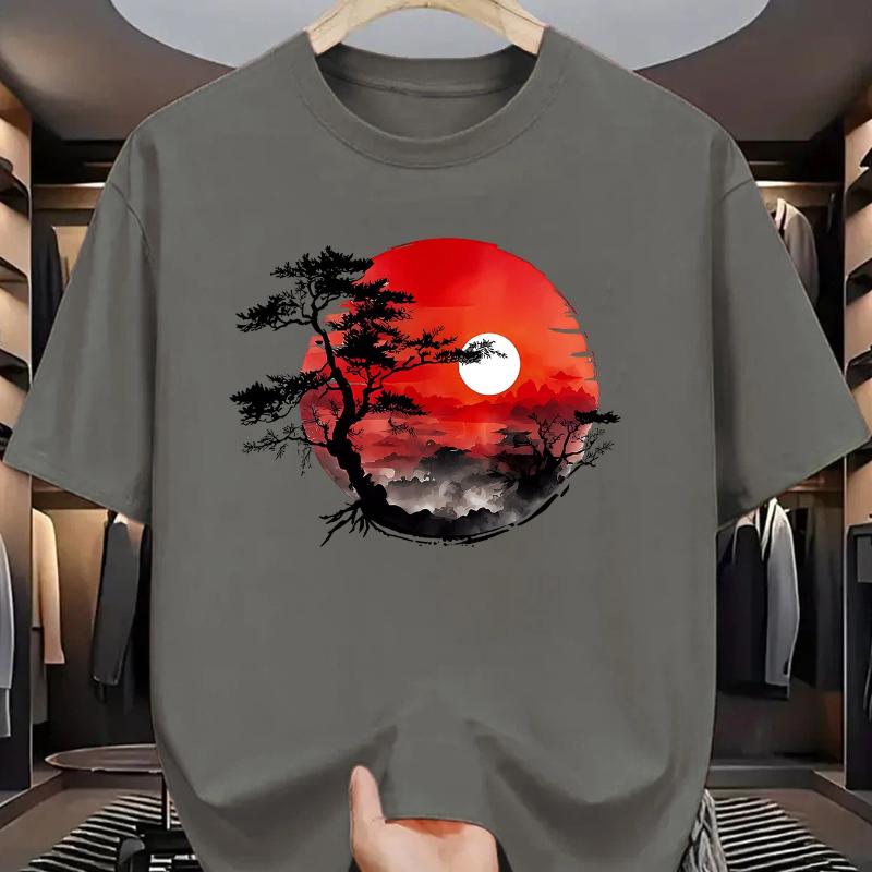 Men's Summer Pure Cotton Fashionable Casual Loose Fit Printed Round Neck Short Sleeved T-shirt Top