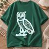 2026 New Pure Cotton Tshirt Handpainted Owl Print Crew Neck Short Sleeve Casual Top