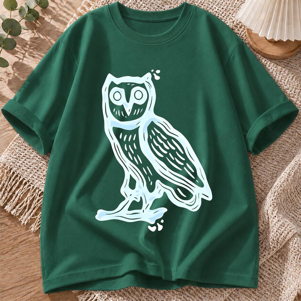 2026 New Pure Cotton Tshirt Handpainted Owl Print Crew Neck Short Sleeve Casual Top