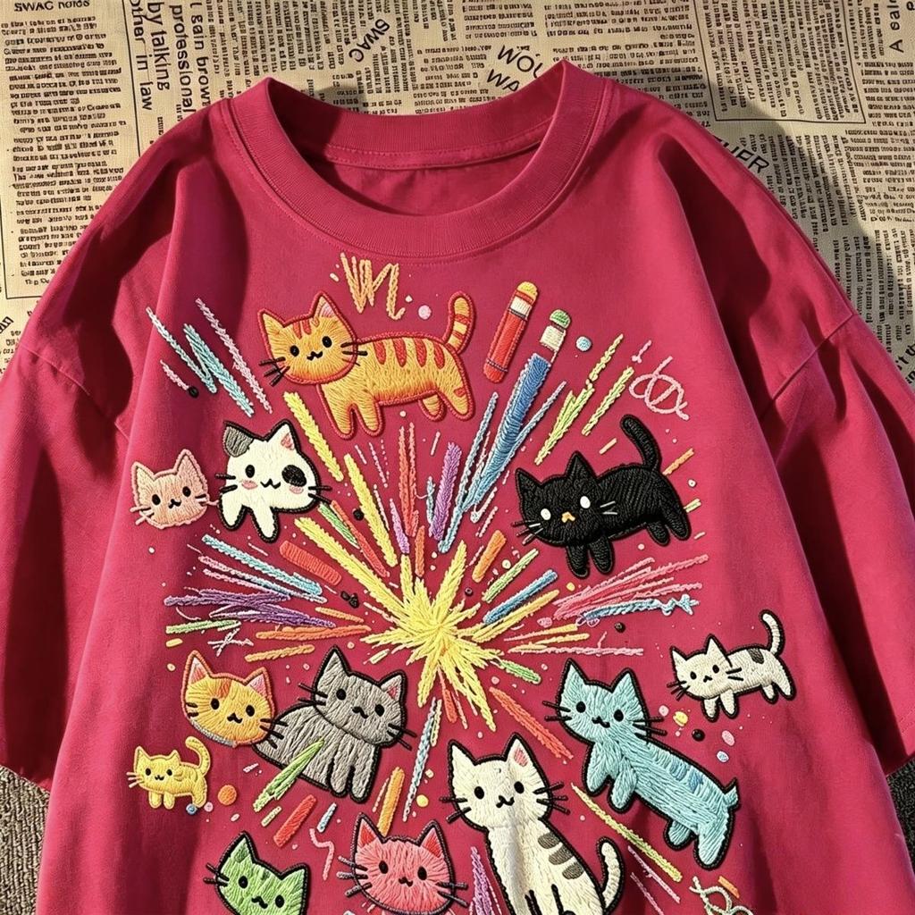Y2K Clothing Fun and Cute Cat Print T-Shirt Sweet Aesthetic Anime Women's Loose Summer Trend
