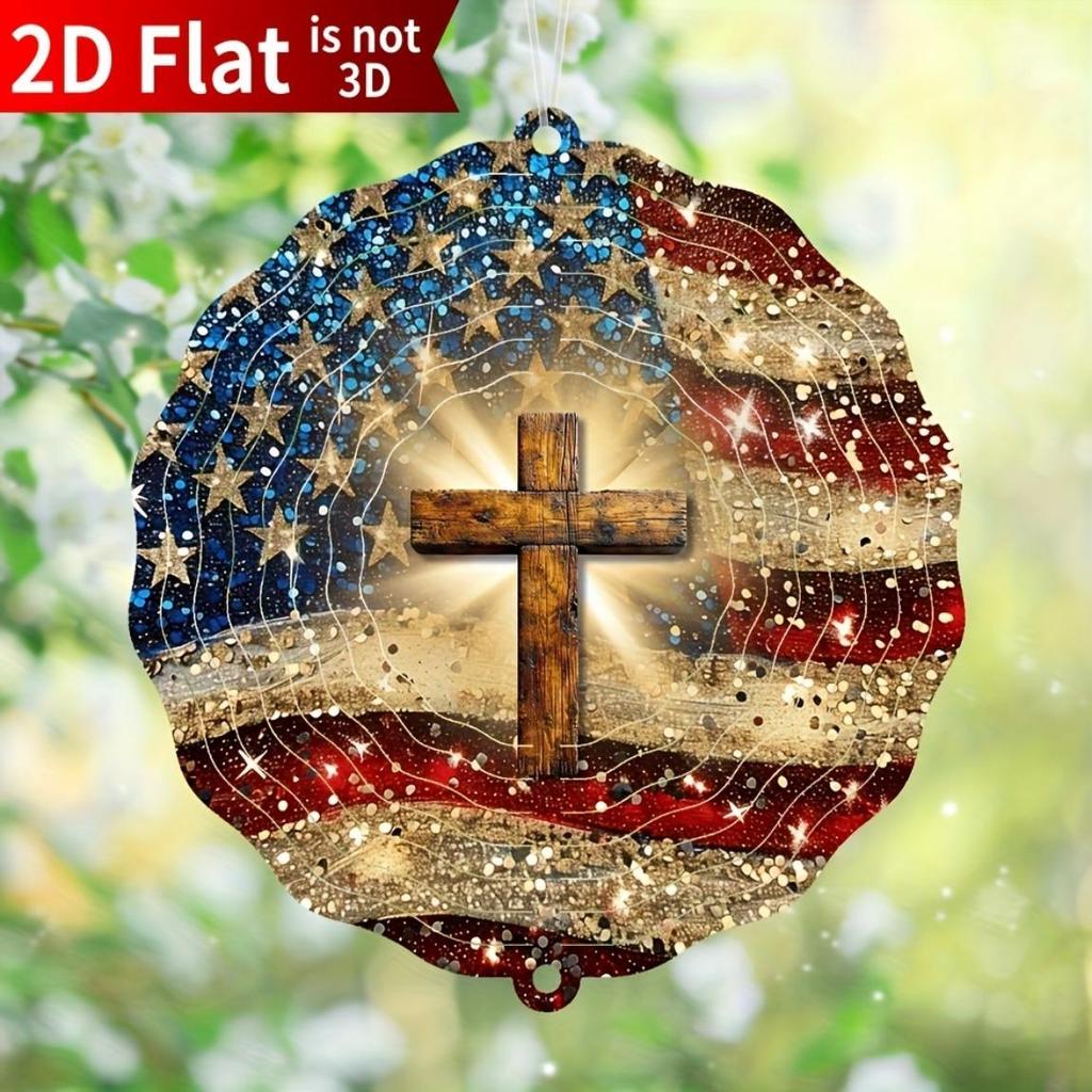 American Flag Wind Spinner 2D Stainless Steel Cross Car Rearview Mirror Decor for Garden Yard Balcony Window Outdoor Decoration