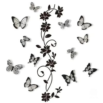 Sticker Mural 3D Papillon Vigne Fleur Noire Fond Mur Chambre Décoration de Pièce Sticker Mural Amovible