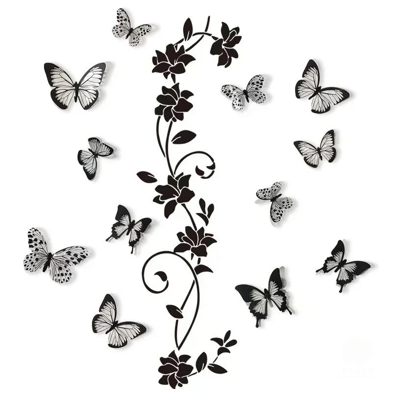 1pc Black Flower Vine 3D Butterfly Wall Sticker Background Wall Bedroom Room Decoration Removable Wall Sticker Home Decoration