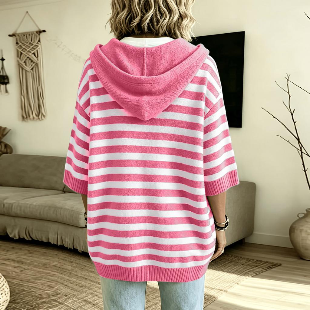 Damen Lässiger Kapuzen-Strickpullover Lockerer Schnitt Gestreifter Langarm-Pullover Top