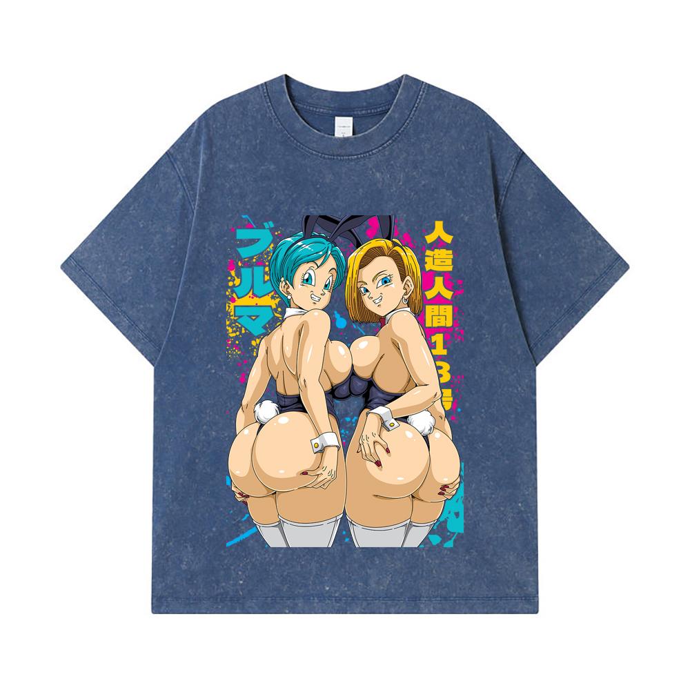 275 GSM Washed T-shirts 100 Cotton Dragon Ball V27 Bulma Android Print Unisex Heavy Cotton T Shirt 2XL королевский синий 2280₽