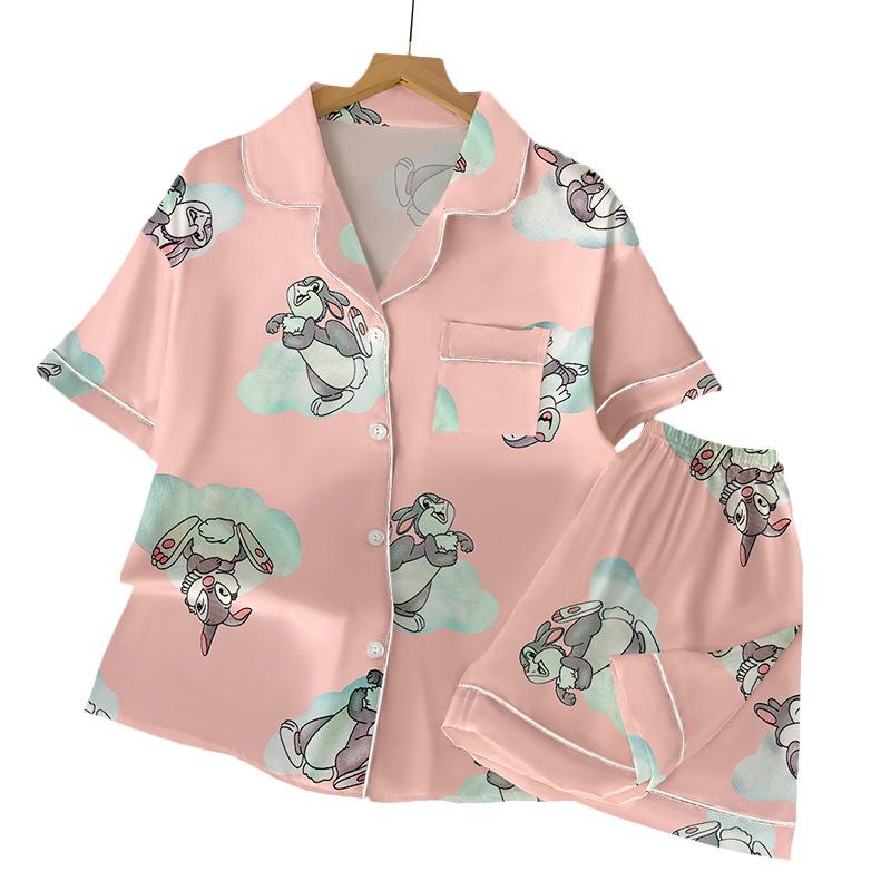 Cartoon Cartoon Little Pink Rabbit Summer Short-Sleeved Ice Silk Satin Pajamas Women'S Sweet Wind Loungewear Set