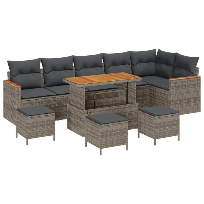 Ensemble de canapé de jardin vidaXL 10 pièces avec coussins gris poly rattan acacia 3363073