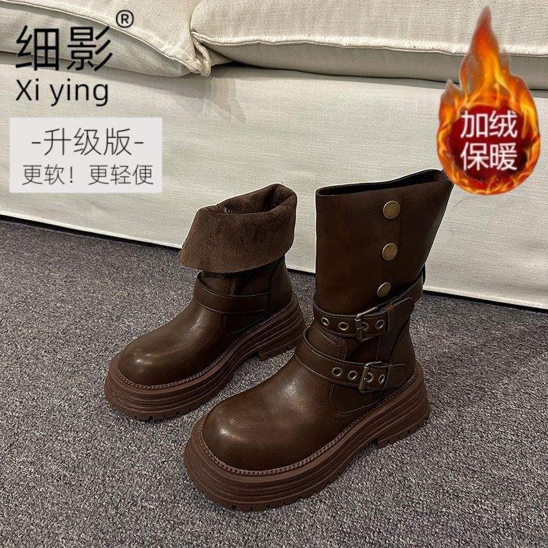 Boots Women's 2025 Autumn and Winter New Two Wear Fold But Knee High Martin Boots British Skinny Motorcycle Boots