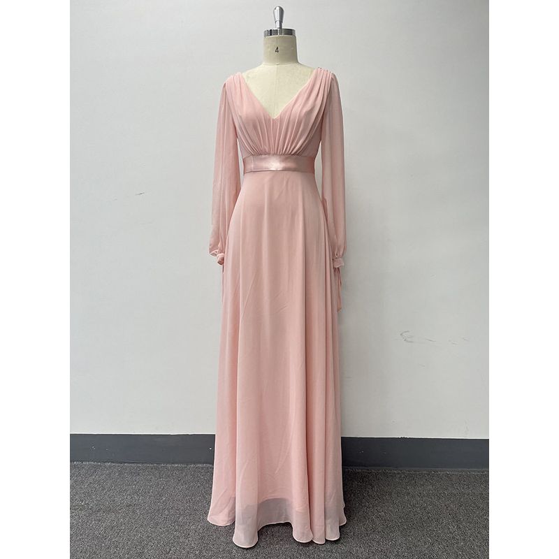 Long Sleeve Sexy Birthday Party Wedding Dress Elegant Vneck Pink S