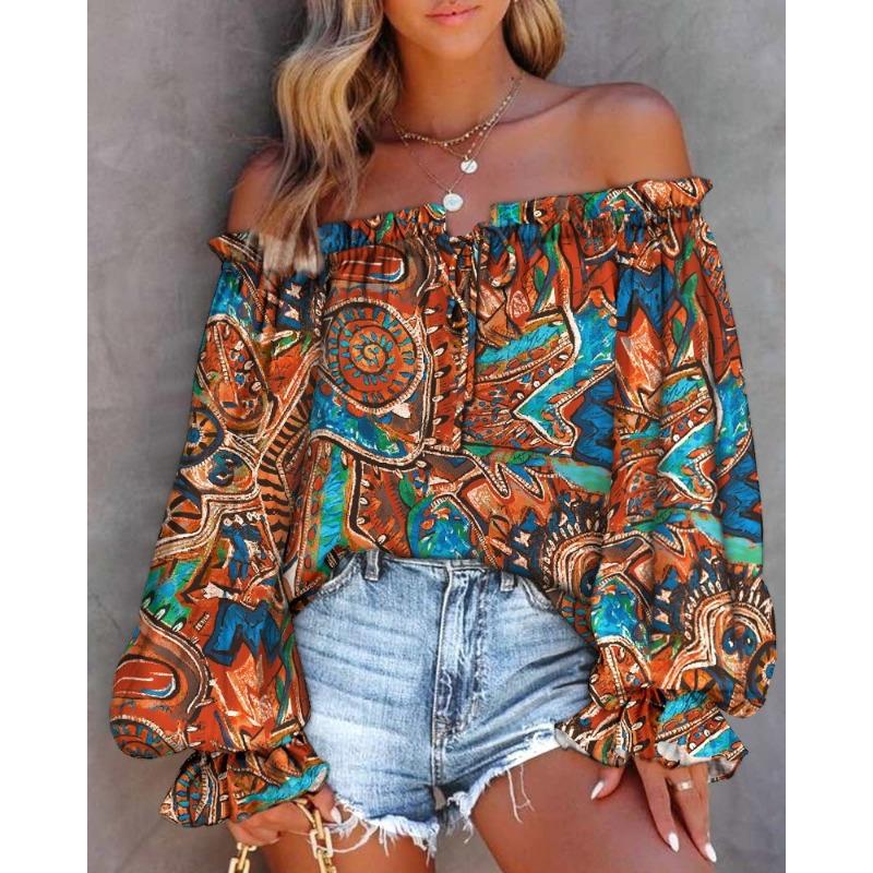 Women S One Shoulder Long Sleeve Printed Casual Shirt