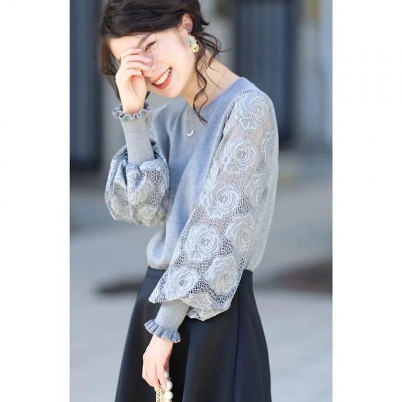 Elegant Lace Patchwork Lantern Sleeve Sweater for Women - Spring/Autumn Knit Pullover