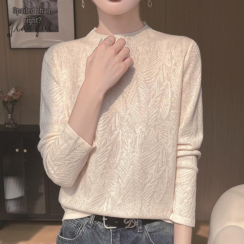 

Women s Fine Merino Wool Leaf Jacquard Long Sleeve Knitwear - 2025 Spring Collection XL брудно-білий