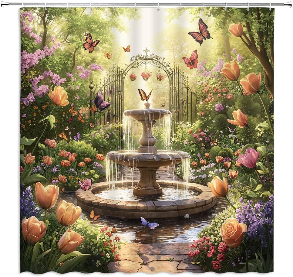 Spring Garden Shower Curtain Fantasy Forest Flower Butterfly Elegant Tulip Floral Romantic Nature Scenery Wonderland Bathroom