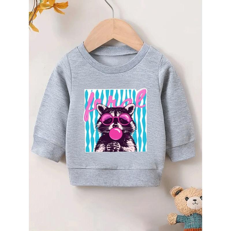 European sizes Cute Cartoon Raccoon Print Pattern Baby Thin Round Neck Sweatshirt 0-3 Years Old Girls' Comfortable Outdoor Outfit Choice.