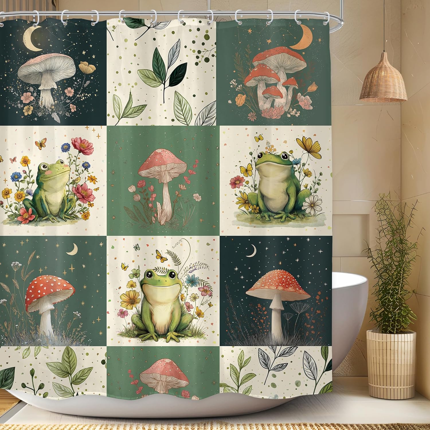 

Whimsical Forest Frog Shower Curtain Mushroom Flowers Leaves Grid Pattern Cute Animal Art Waterproof Bath Linen Home Fashion W60H190(CM)-1 Pcs