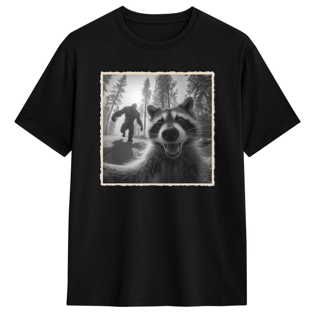 Funny Raccoon Selfie With Bigfoot Tshirt Summer Harajuku Tshirts Cotton O Neck Plus Size Clothing Short Sleeve Awesome Tops